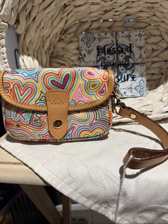 Dooney & Bourke Handbags - Dooney & Bourke Multicolor Heart Print Wristlet with Tan Trim